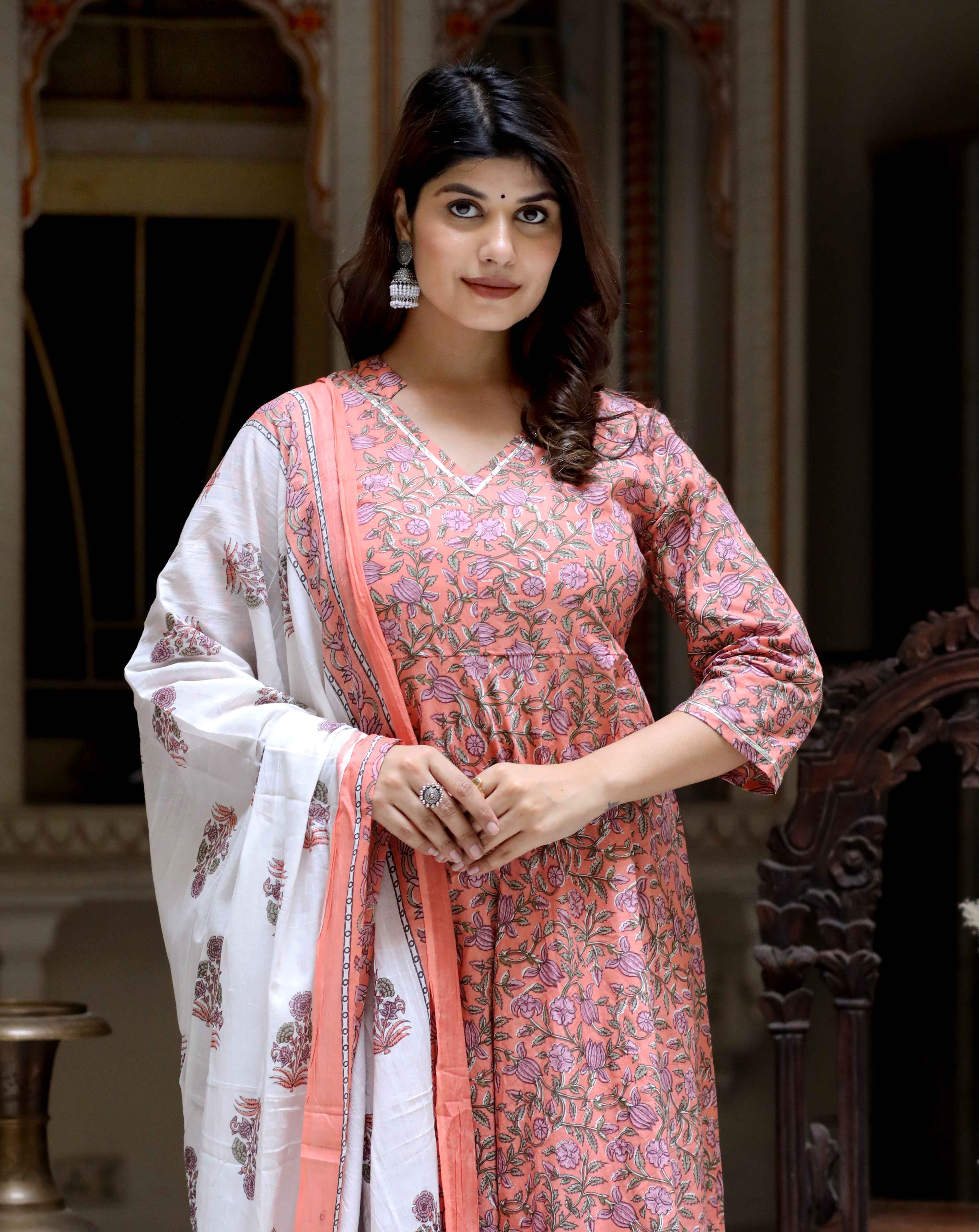 Orange Floral Cotton Anarkali Kurta with Dupatta Set